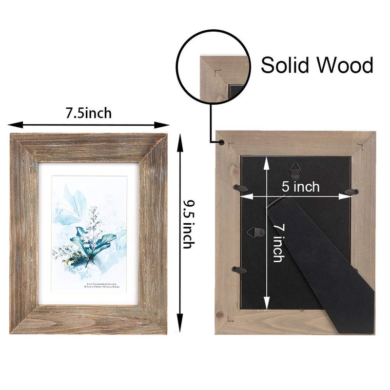 KAIWIN 100% Solid Wood Brown 5x7 Picture Frame 3 Pack - Display Picture 4x6 with Mat, HD Glass Inside, Rustic Wooden Photo Frames for Table Top and Wall Mounting - Image 4